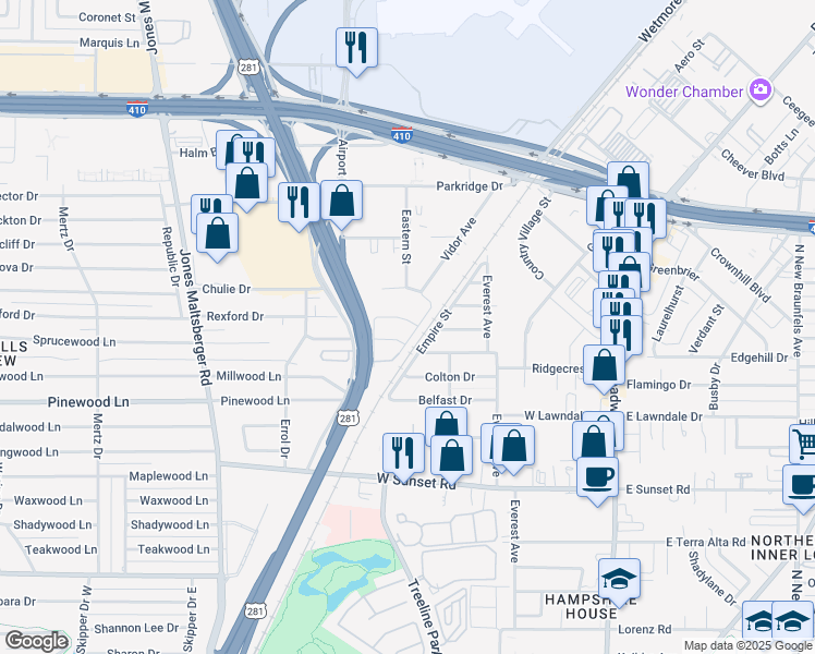 map of restaurants, bars, coffee shops, grocery stores, and more near 827 Sprucewood Lane in San Antonio