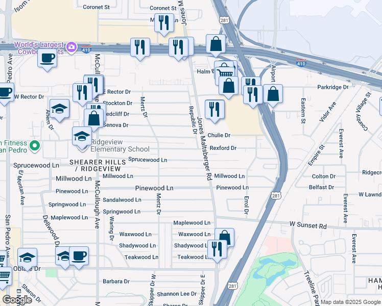 map of restaurants, bars, coffee shops, grocery stores, and more near 443 Sprucewood Lane in San Antonio