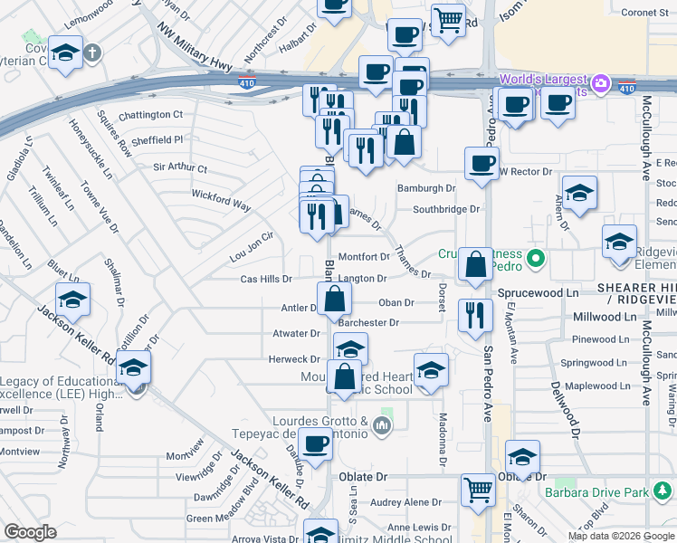 map of restaurants, bars, coffee shops, grocery stores, and more near 358 Langton Drive in San Antonio