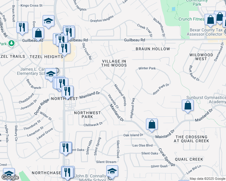 map of restaurants, bars, coffee shops, grocery stores, and more near 8810 Mainland Ridge in San Antonio