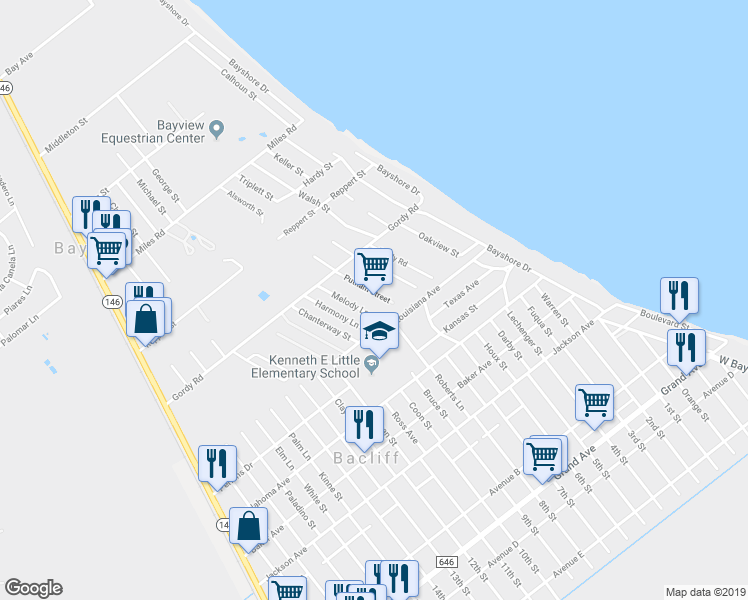 map of restaurants, bars, coffee shops, grocery stores, and more near 3731 Putnam Street in Bacliff