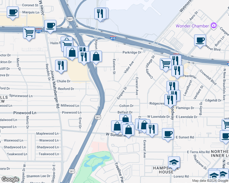 map of restaurants, bars, coffee shops, grocery stores, and more near 827 Sprucewood Lane in San Antonio