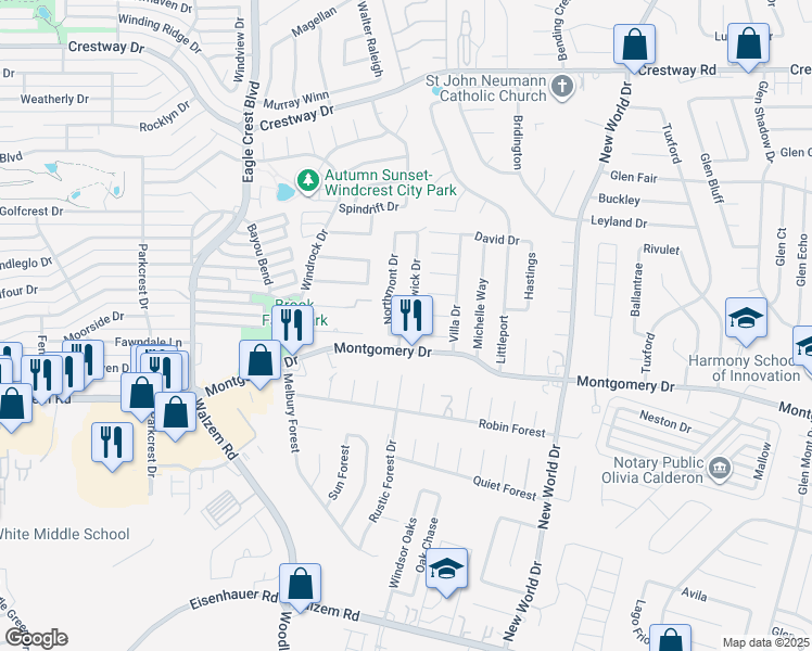 map of restaurants, bars, coffee shops, grocery stores, and more near 8405 Northmont Drive in San Antonio
