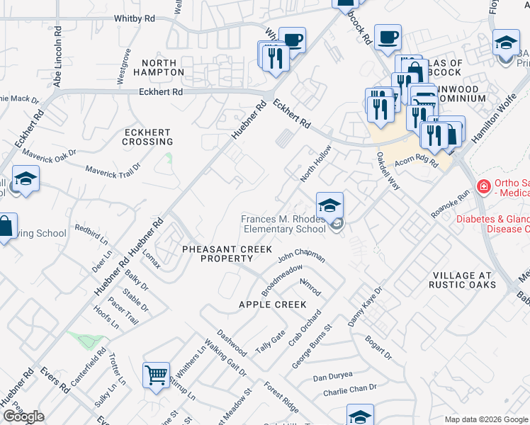 map of restaurants, bars, coffee shops, grocery stores, and more near 1st Colony in San Antonio