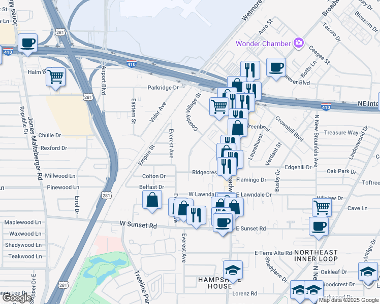 map of restaurants, bars, coffee shops, grocery stores, and more near 8223 Broadway in San Antonio
