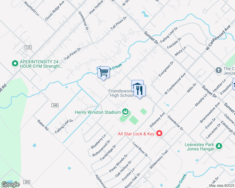 map of restaurants, bars, coffee shops, grocery stores, and more near 1013 Falling Leaf Drive in Friendswood