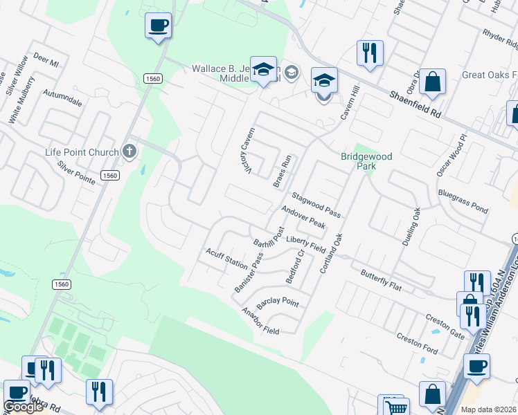 map of restaurants, bars, coffee shops, grocery stores, and more near 11226 Sierra Trail in San Antonio