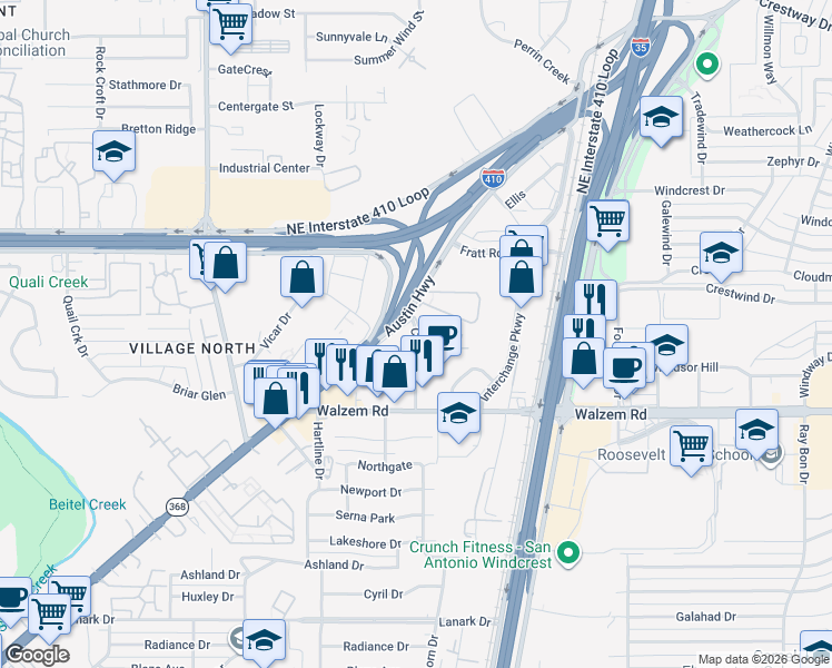 map of restaurants, bars, coffee shops, grocery stores, and more near 4511 Cross Creek in San Antonio