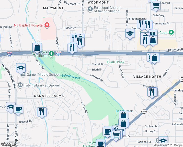 map of restaurants, bars, coffee shops, grocery stores, and more near 3738 Highcliff Drive in San Antonio