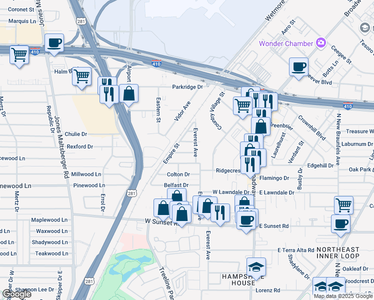 map of restaurants, bars, coffee shops, grocery stores, and more near 130 Jade Drive in San Antonio
