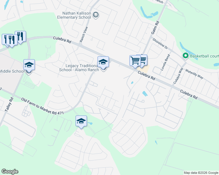 map of restaurants, bars, coffee shops, grocery stores, and more near 13548 Barton Cove in San Antonio
