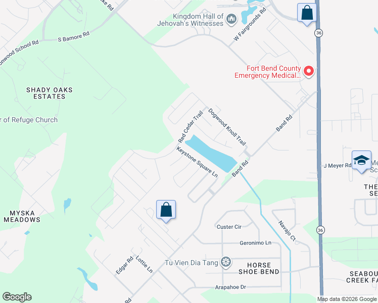 map of restaurants, bars, coffee shops, grocery stores, and more near 3023 Keystone Square Lane in Rosenberg
