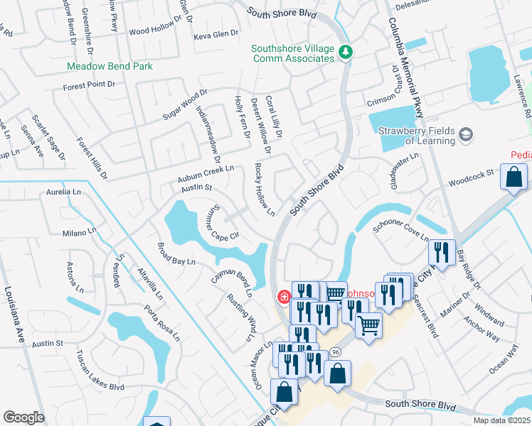 map of restaurants, bars, coffee shops, grocery stores, and more near 633 Rocky Hollow Lane in League City