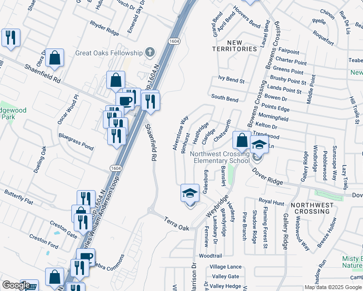 map of restaurants, bars, coffee shops, grocery stores, and more near 7551 Rimhurst in San Antonio