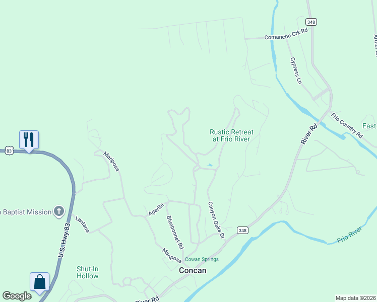 map of restaurants, bars, coffee shops, grocery stores, and more near 80 Cedar Lane in Concan