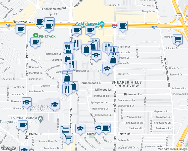 map of restaurants, bars, coffee shops, grocery stores, and more near 159 Sprucewood Lane in San Antonio