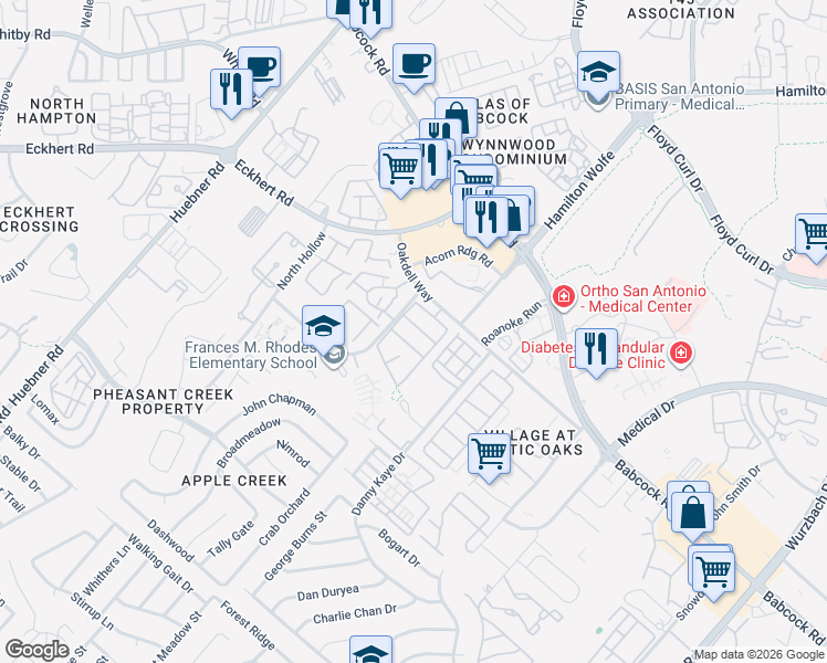 map of restaurants, bars, coffee shops, grocery stores, and more near 7815 Bantry Court in San Antonio