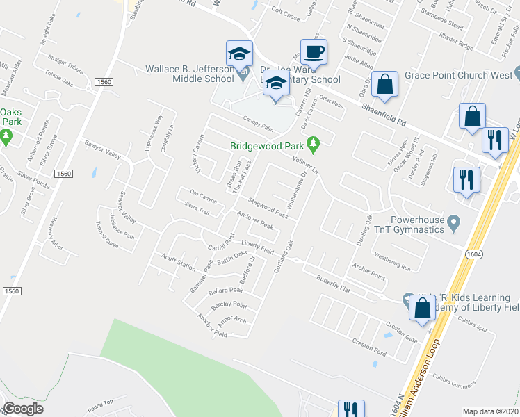 map of restaurants, bars, coffee shops, grocery stores, and more near 7727 Baden Post in San Antonio