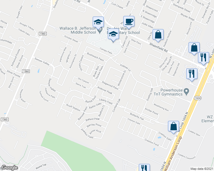 map of restaurants, bars, coffee shops, grocery stores, and more near 11046 Stagwood Pass in San Antonio