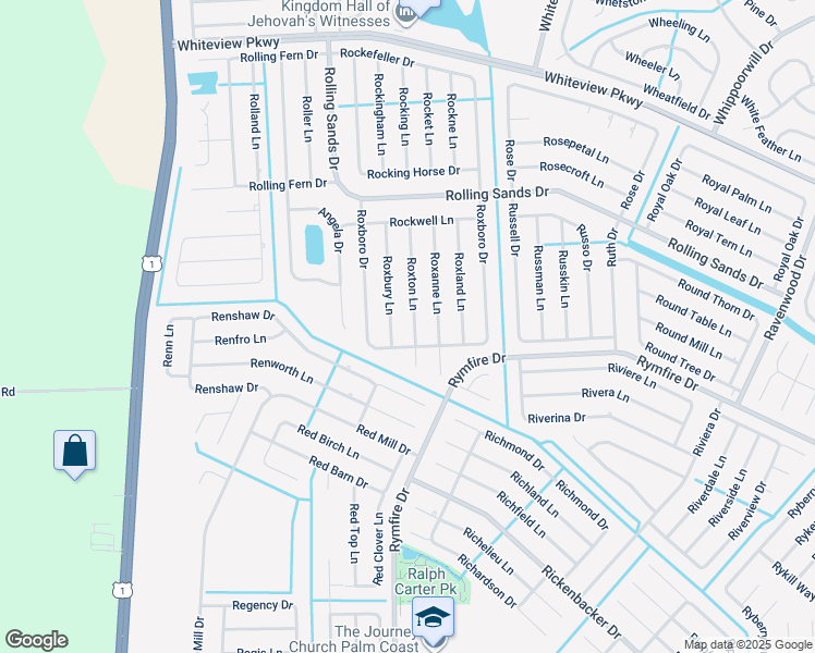 map of restaurants, bars, coffee shops, grocery stores, and more near 36 Roxton Lane in Palm Coast