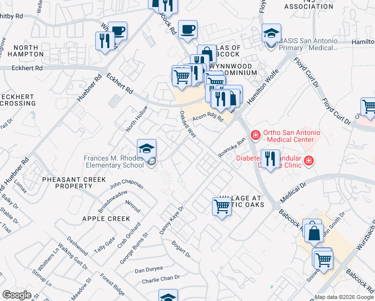 map of restaurants, bars, coffee shops, grocery stores, and more near 7815 Bantry Court in San Antonio
