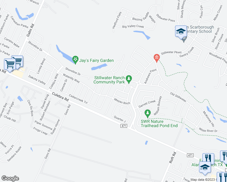 map of restaurants, bars, coffee shops, grocery stores, and more near 7723 Culebra Valley in San Antonio