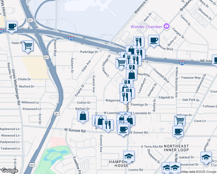 map of restaurants, bars, coffee shops, grocery stores, and more near 8223 Broadway in San Antonio