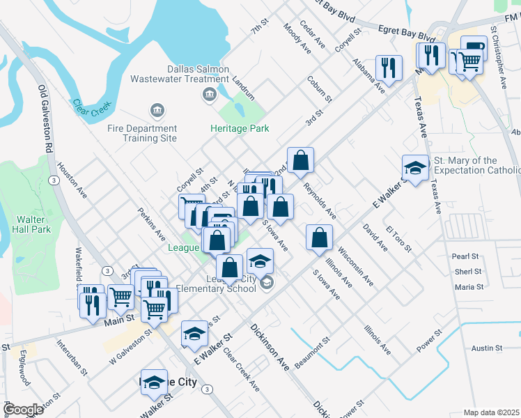 map of restaurants, bars, coffee shops, grocery stores, and more near 821 East Main Street in League City