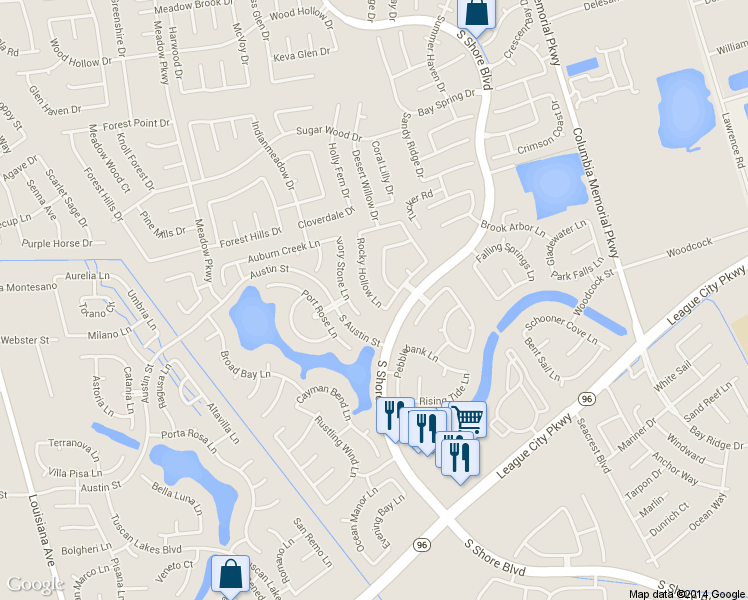 map of restaurants, bars, coffee shops, grocery stores, and more near 603 Rocky Hollow Lane in League City