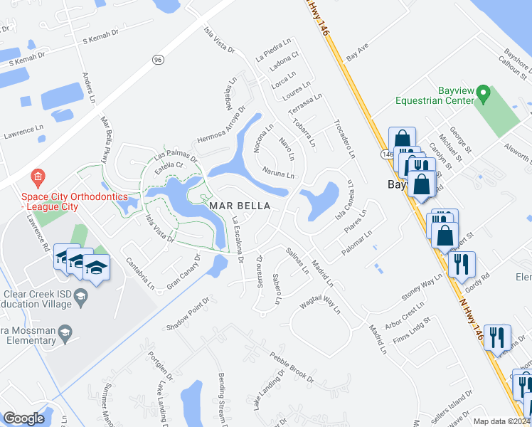 map of restaurants, bars, coffee shops, grocery stores, and more near 2419 Malaga Lane in League City