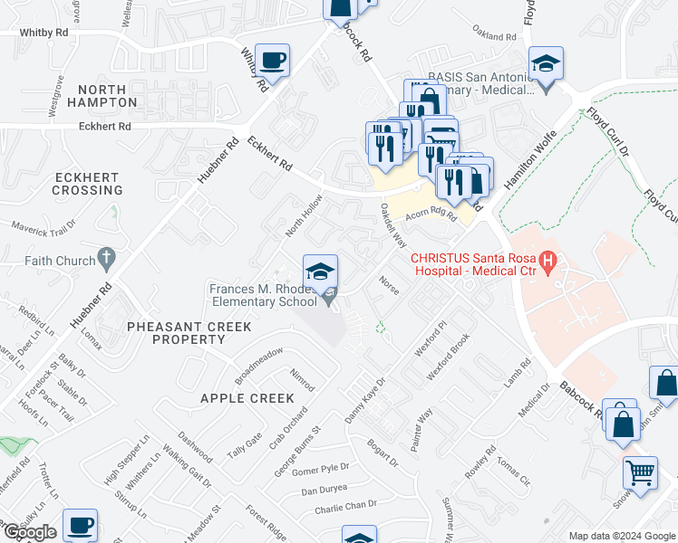 map of restaurants, bars, coffee shops, grocery stores, and more near 5735 North Knoll in San Antonio