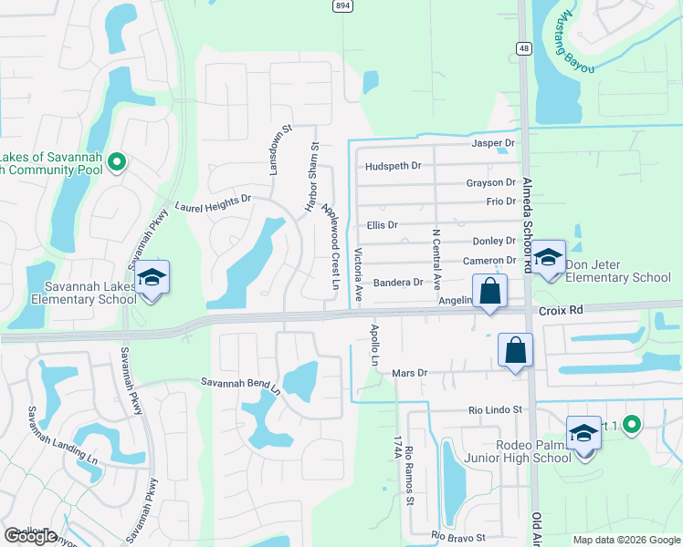 map of restaurants, bars, coffee shops, grocery stores, and more near 4938 Applewood Crest Lane in Rosharon