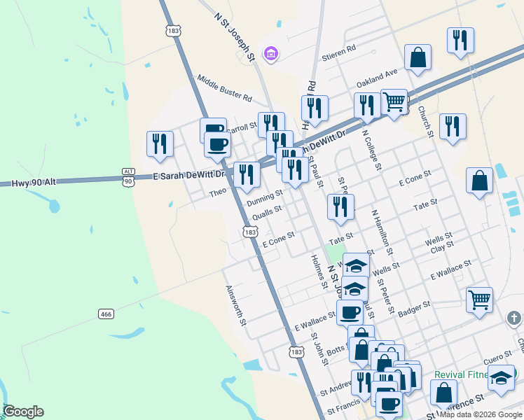 map of restaurants, bars, coffee shops, grocery stores, and more near 114 Qualls Street in Gonzales