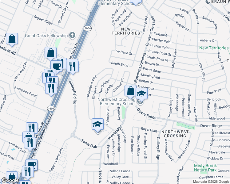 map of restaurants, bars, coffee shops, grocery stores, and more near 7538 Branston in San Antonio