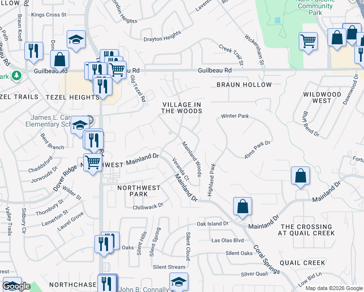 map of restaurants, bars, coffee shops, grocery stores, and more near 8810 Mainland Ridge in San Antonio