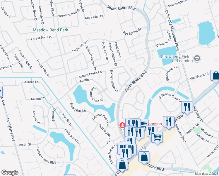map of restaurants, bars, coffee shops, grocery stores, and more near 621 Rocky Hollow Lane in League City