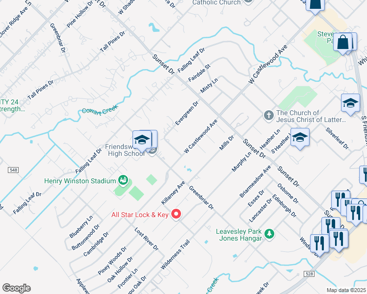 map of restaurants, bars, coffee shops, grocery stores, and more near 808 West Castlewood Avenue in Friendswood