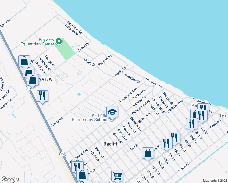 map of restaurants, bars, coffee shops, grocery stores, and more near 331 Gordy Road in Bacliff