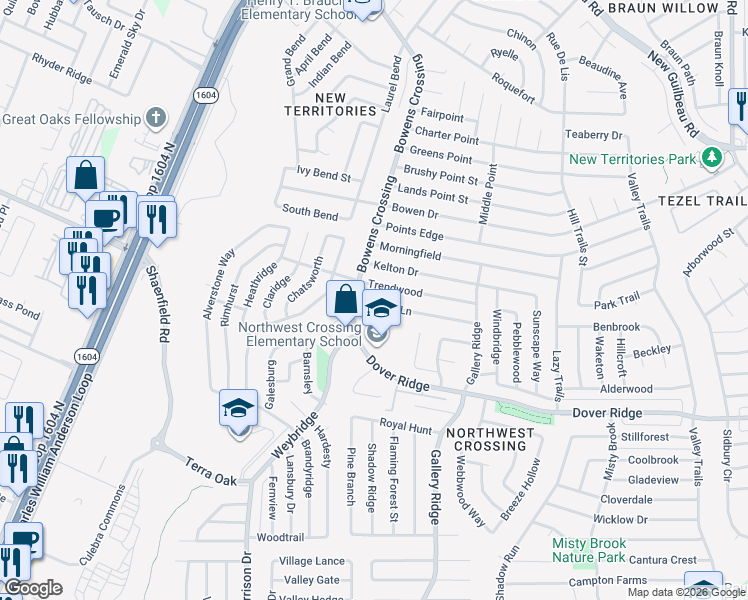 map of restaurants, bars, coffee shops, grocery stores, and more near 7803 Bowens Crossing in San Antonio