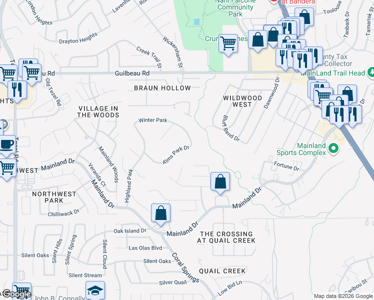 map of restaurants, bars, coffee shops, grocery stores, and more near 991 Winter Park in San Antonio
