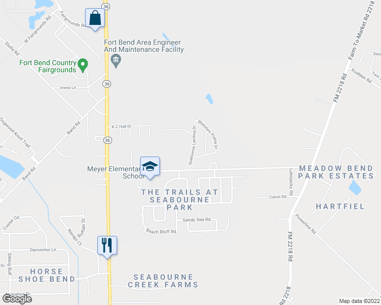 map of restaurants, bars, coffee shops, grocery stores, and more near 4719 Seabourne Landing Drive in Rosenberg