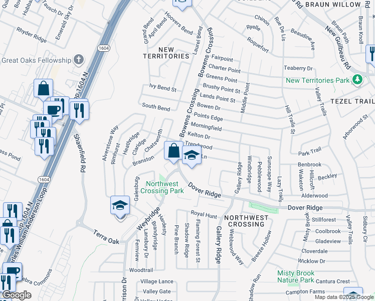 map of restaurants, bars, coffee shops, grocery stores, and more near 7803 Bowens Crossing in San Antonio