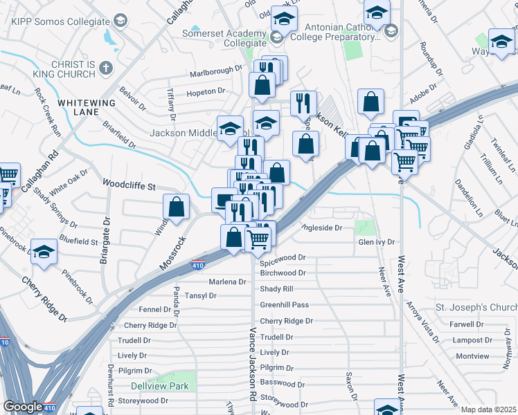 map of restaurants, bars, coffee shops, grocery stores, and more near 4318 Vance Jackson Road in San Antonio