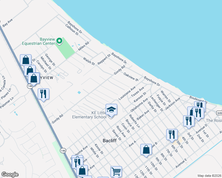 map of restaurants, bars, coffee shops, grocery stores, and more near 331 Gordy Road in Bacliff
