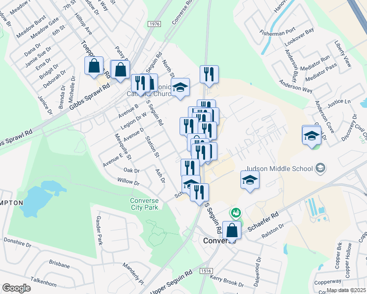 map of restaurants, bars, coffee shops, grocery stores, and more near 301 Converse Center Street in Converse