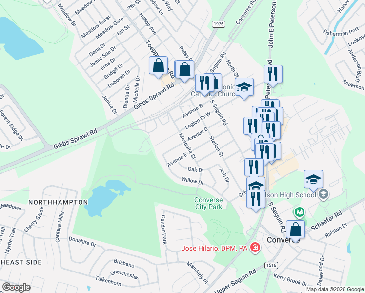 map of restaurants, bars, coffee shops, grocery stores, and more near 303 Avenue D in Converse
