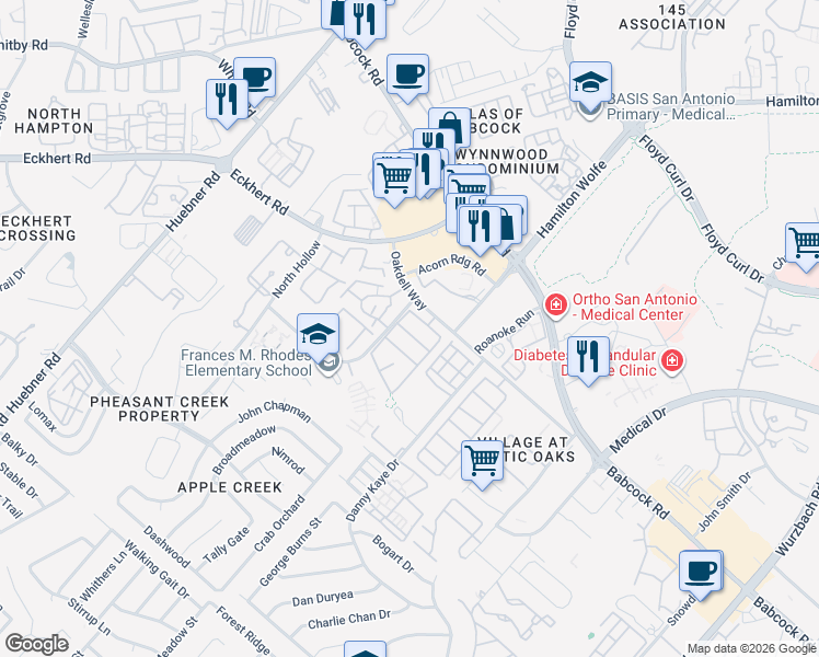 map of restaurants, bars, coffee shops, grocery stores, and more near 11 North Knoll in San Antonio
