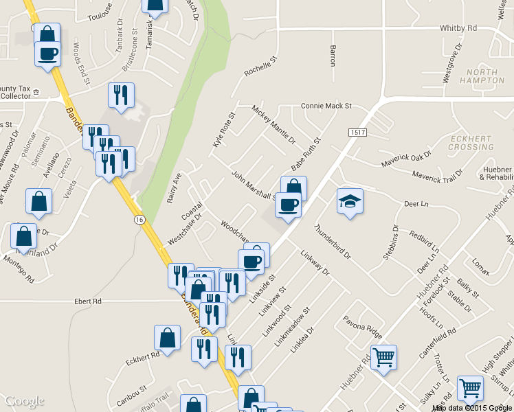 map of restaurants, bars, coffee shops, grocery stores, and more near 6825 John Marshall Street in San Antonio