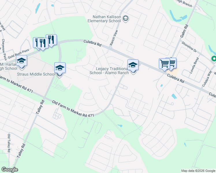 map of restaurants, bars, coffee shops, grocery stores, and more near 13804 Bellows Path in San Antonio