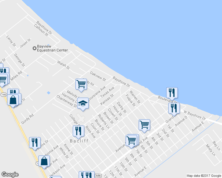 map of restaurants, bars, coffee shops, grocery stores, and more near 227 Texas Avenue in Bacliff
